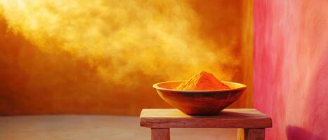 glowing bowl of turmeric powder sits on wooden pedestal, surrounded by warm colors and misty atmosphere, creating vibrant and inviting scene photo