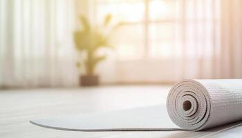rolled yoga mat in serene room with natural light and plant, creating peaceful atmosphere for relaxation and mindfulness photo