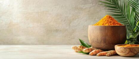 wooden bowl filled with vibrant turmeric powder, surrounded by fresh turmeric roots and green leaves, evokes sense of natural wellness photo