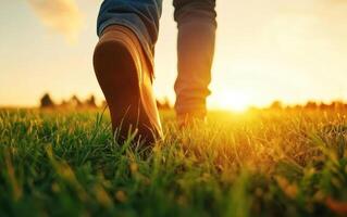 Bare feet walking on grass during sunrise, capturing serene moment of connection with nature. warm sunlight enhances peaceful atmosphere photo
