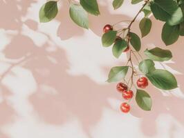 Ripe cherries hanging from branch with green leaves, casting soft shadows on light background, creating serene and fresh atmosphere photo