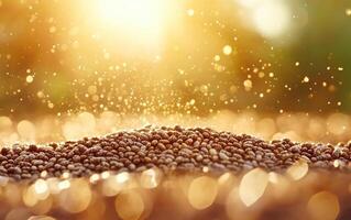 Chia seeds glisten under sunlight, creating warm and inviting atmosphere. soft bokeh effect enhances beauty of this natural scene photo