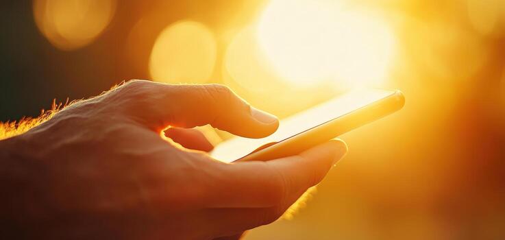 hand holding smartphone against bright sunset background, creating warm and inviting atmosphere photo