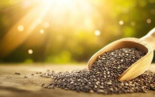 Chia seeds spilling from wooden scoop, illuminated by sunlight, create serene atmosphere photo