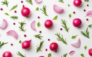 Artistic display of floating red onions, herbs, and berries on white background, creating vibrant and fresh composition photo