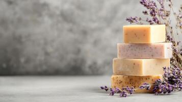 Handmade soap bars stacked with natural textures and lavender flowers, creating calming and organic aesthetic. Perfect for skincare enthusiasts and eco friendly products photo