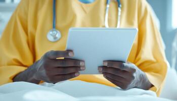 medical professional in yellow gown using tablet, focused on patient care photo