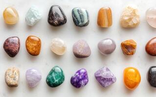 Healing crystals arranged in beautiful display, showcasing various colors and textures. Each stone has unique properties, making them popular for meditation and energy work photo