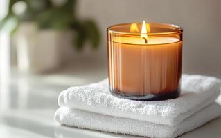 warm amber jar candle sits atop stack of soft white towels, creating serene and inviting atmosphere. flickering flame adds touch of tranquility to setting photo