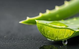 Fresh aloe vera slices with gel dripping, showcasing vibrant green color and natural texture. Perfect for skincare and health applications photo