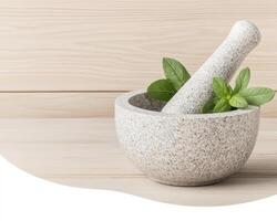 close up of mortar and pestle with fresh green herbs, showcasing natural and calming kitchen setting. Perfect for culinary and herbal uses photo