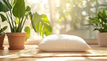 meditation cushion placed in sunlit room surrounded by indoor plants creates serene atmosphere for relaxation and mindfulness photo
