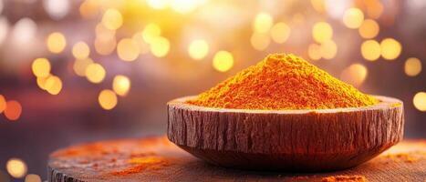 vibrant bowl of turmeric powder sits on wooden pedestal, glowing warmly in soft light, evoking sense of warmth and richness photo
