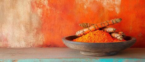 wooden bowl filled with vibrant turmeric powder and fresh turmeric roots against orange textured background creates warm, inviting atmosphere photo