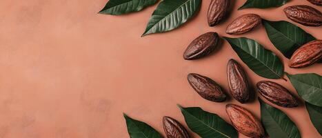 Rich cacao beans and green leaves arranged on warm background, showcasing nature beauty and essence of chocolate photo
