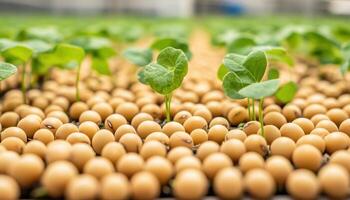 Growing soybeans with young plants emerging from bed of seeds, showcasing agricultural development and vitality photo