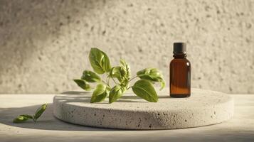 minimalist podium displays fresh basil leaves alongside essential oil bottle, creating serene and natural ambiance photo