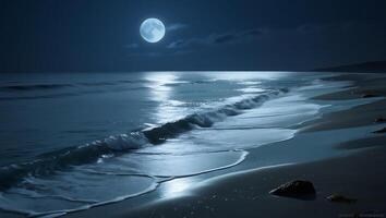 The ocean waves gently crashing on the shore under the glow of moonlight photo
