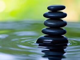 Serene stacked stones on calm water create peaceful Zen garden atmosphere, promoting relaxation and mindfulness. gentle ripples enhance tranquil setting photo