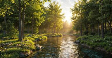 A river runs through a forest at sunrise photo