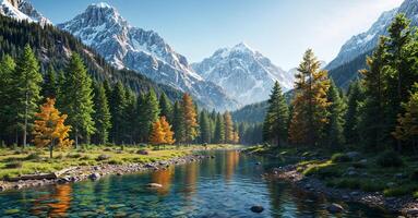 Beautiful mountain river in the forest with trees and mountains photo