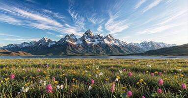 A field of wildflowers and mountains in the background photo