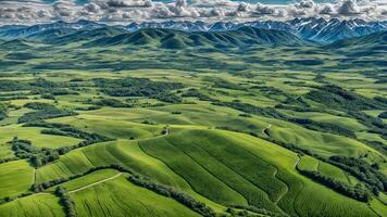 Aerial view of green rolling hills and mountains photo