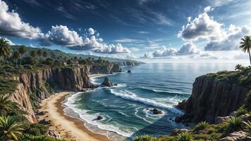 A beautiful beach and cliffs with palm trees on the coast photo