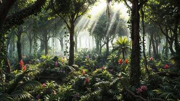 A tropical forest with sunbeams shining through the trees photo