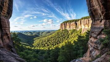 The view from the top of a canyon in the mountains photo