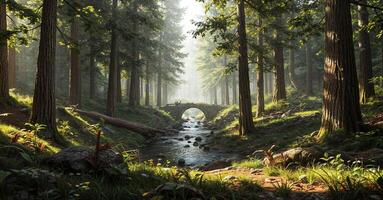 A stream runs through a forest with trees and rocks photo