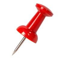 Bright red push pin stands upright showcasing its design and functionality for office use, isolated on transparent background png
