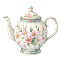 Elegant floral teapot with delicate botanical illustrations showcasing intricate design and craftsmanship png