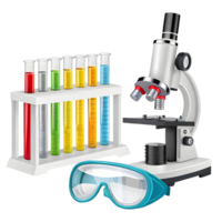 Laboratory setup with microscope and test tubes showcasing colorful liquids for a science experiment png