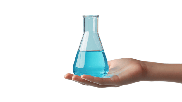 The hand holds a conical flask with blue liquid, emphasizing control, precision, and an experimental approach in a minimalist setting png