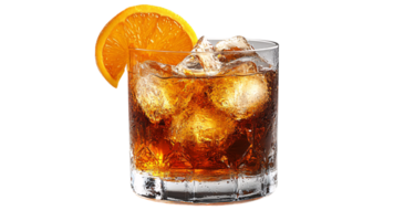 Short glass filled with whiskey over ice, garnished with a bright orange slice, capturing an evening cocktail's warmth and citrus zest png
