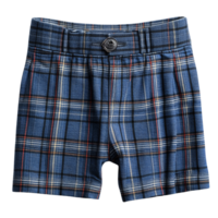 Blue shorts with a plaid pattern of fine red, white, and black lines, featuring a buttoned waistband for a tailored yet relaxed look png