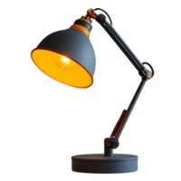 Black lamp with orange inner shade and adjustable arm. Retro yet modern, offering a warm, direct light for reading or tasks png