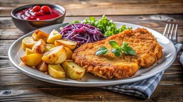 A plate with a piece of meat, potatoes and cabbage photo