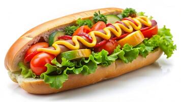A hot dog with ketchup and vegetables on a bun photo
