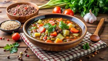 Lentil soup with vegetables and herbs on a wooden table photo