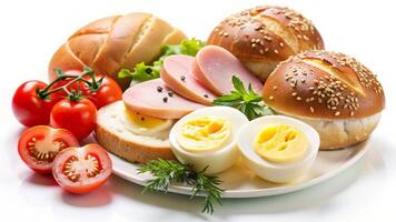 A plate with eggs, ham, bread and tomatoes photo