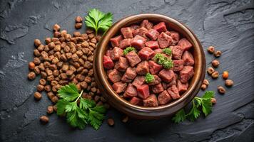 Dried meat and vegetables in a bowl on a dark background photo