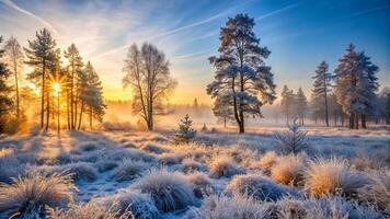 A winter landscape with trees and frost photo