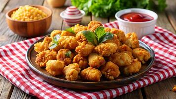Fried chicken nuggets on a plate with a red and white checkered tablecloth photo