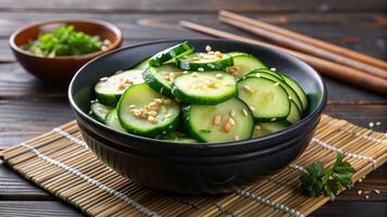 Cucumber salad with sesame seeds and sesame oil photo