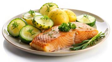 Salmon, potatoes and cucumbers on a plate photo