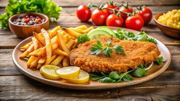 Fried chicken schnitzel with french fries and vegetables on wooden table photo