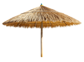A thatched tiki-style umbrella with natural straw, evoking tropical vibes and providing shade for a beach or poolside setting png