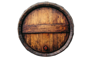 Close-up of a barrel circular end, showing wooden planks and a centered cork, giving a view of old-world craftsmanship png